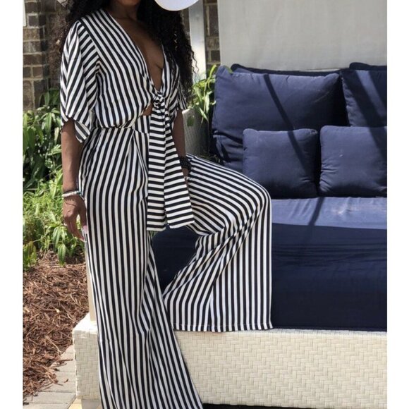 NEW Stripe Twist Tie Cutout Jumpsuit SZ S - Picture 1 of 12